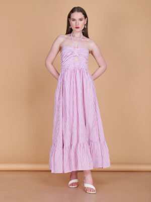 Pink & White Striped Halter Neck Maxi Dress - Medium
