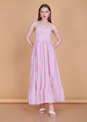 Pink & White Striped Halter Neck Maxi Dress