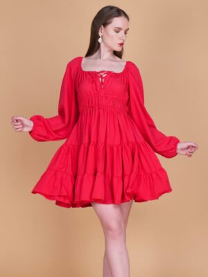 Red Tiered Puff Sleeve Mini Dress
