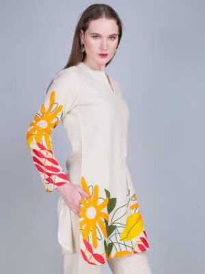 Beige Co-ord set with olive and mustard leaf print