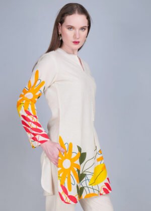 Beige Co-ord set with olive and mustard leaf print